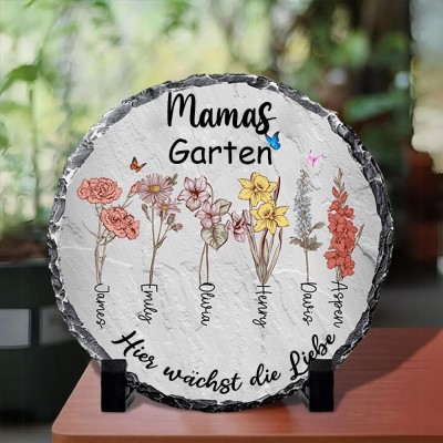 Personalisierte Mamas Garten Stein mit Enkelkinder Geburt Monat Blume und Name für Mama Oma Muttertag Geburtstag Geschenk