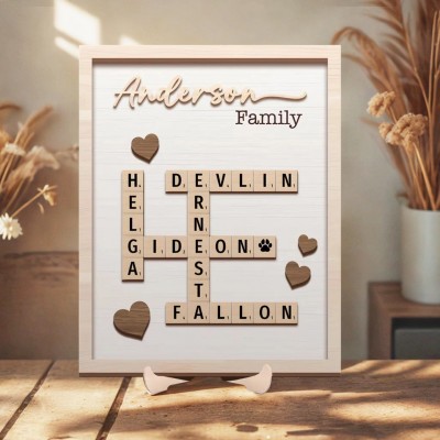 Individuell gestaltetes Kreuzworträtsel-Scrabble-Puzzle-Holzschild mit Familiennamen – Geschenkidee zu Weihnachten oder zum Jahrestag