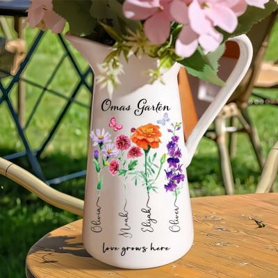 Personalisierte Omas Garten Geburtsmonat Blumenvase mit Enkelkinder Name für Mama Oma Muttertag Geschenk