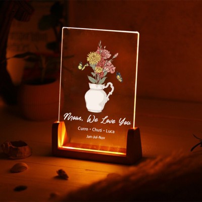 Benutzerdefinierte Geburt Blumenstrauß Acryl Led Nachtlicht für Mama Oma Weihnachtsgeschenk