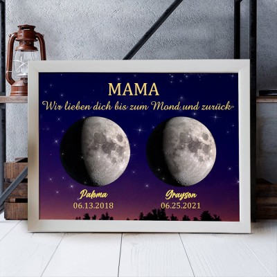 Benutzerdefinierte Mondphase Rahmen mit Kindernamen für Muttertag Mom Wir lieben dich zum Mond und zurück