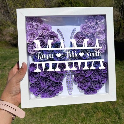 Benutzerdefinierte Schmetterling Mama Blume Schattenbox mit Kindern Namen für Weihnachtsgeschenk