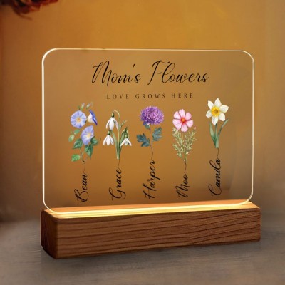 Personalized Mom's Garden Birth Month Flower LED Night Light with Kids Name For Mom Grandma Birthday Mother's Day Gift