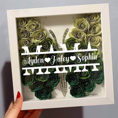 Benutzerdefinierte Schmetterling Mama Blume Schattenbox mit Kindern Namen für Weihnachtsgeschenk