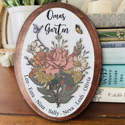 Personalisierte Omas Garten Geburt Blumenstrauß Kunst Oval Holz Zeichen für Familie Mama Oma Muttertag Geschenk