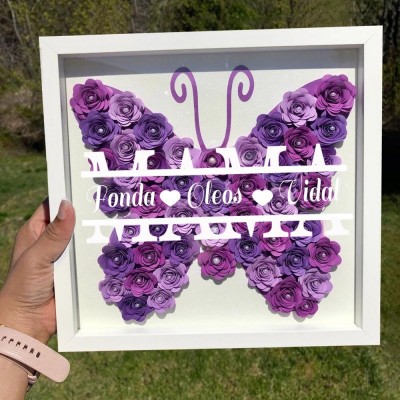 Benutzerdefinierte Schmetterling Mama Blume Schattenbox mit Kindern Namen für Weihnachtsgeschenk