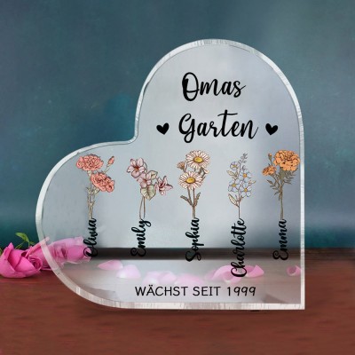 Personalisierte Großmutters Garten Geburt Blume Herz Acryl Plaque für Weihnachten Familie Geschenke