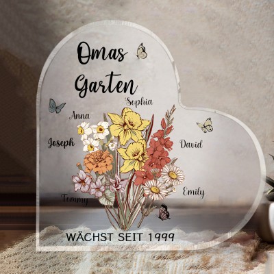 Personalisierte Omas Garten Geburt Blume Herz Acryl Plaque für Weihnachten Familie Geschenke