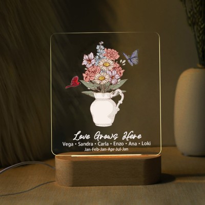 Benutzerdefinierte Geburt Blumenstrauß Acryl Led Nachtlicht für Mama Oma Weihnachtsgeschenk
