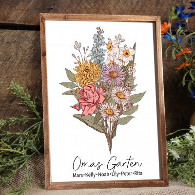 Benutzerdefinierte Großmutters Garten Geburt Blumenstrauß Rahmen mit Kindernamen für Weihnachten Geschenkideen