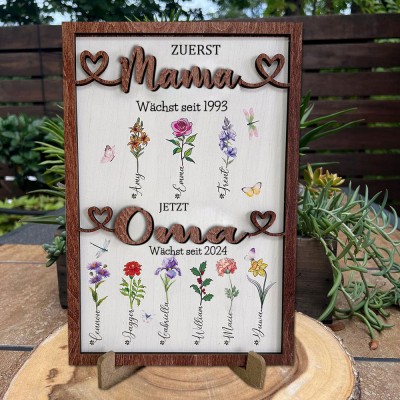 Erste Mama jetzt Oma Holz Zeichen personalisierte Geburt Monat Blumen Geschenk von Kindern für Mama Oma Muttertag Geburtstag