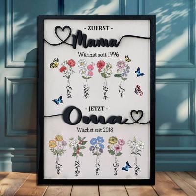 Personalisierte Erste Mama jetzt Oma Geburt Monat Blume Holzschild mit Kindern Name Muttertag Geburtstag Geschenk