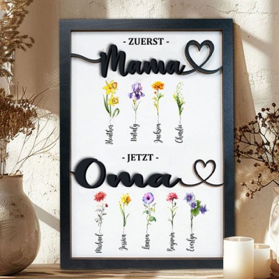 Personalisierte Erste Mama jetzt Oma Geburt Monat Blume Holzschild mit Kindern Name Muttertag Geburtstag Geschenk