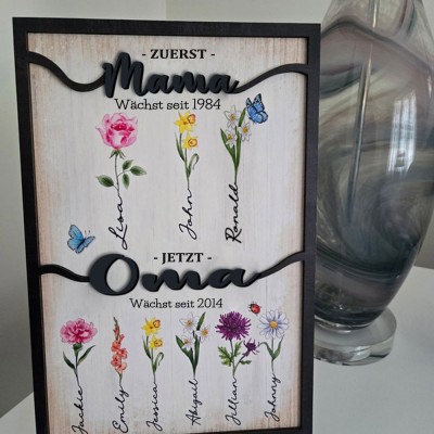 Personalisierte Erste Mama jetzt Oma Geburt Monat Blume Holzschild mit Kindern Name Muttertag Geburtstag Geschenk