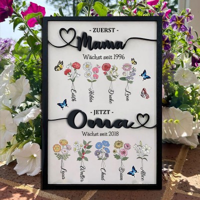 Personalisierte Erste Mama jetzt Oma Geburt Monat Blume Holzschild mit Kindern Name Muttertag Geburtstag Geschenk