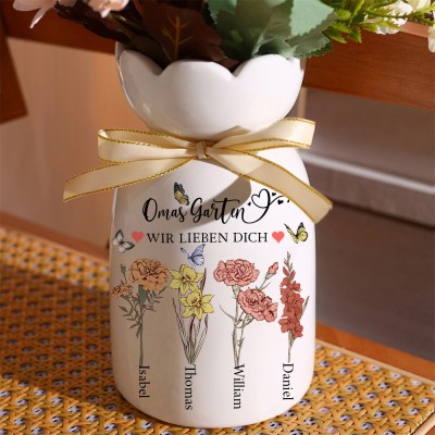 Personalisierte Omas Garten Geburtsmonat Blumenvase mit Kindernamen für Mama Oma Muttertagsgeschenk