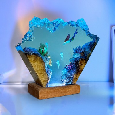 Ozean Meerjungfrau Harz Holz Kunst Lampe