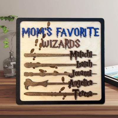 Individuelles Holzschild „Mamas Lieblingszauberer“ mit Zauberstäben und Kindernamen als Weihnachtsgeschenk