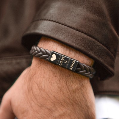Personalisierte Herren Edelstahl und Lederarmband mit Symbol Perlen für ihn Valentinstag