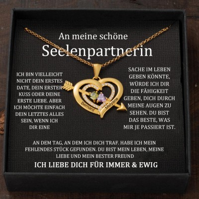 Personalisierte Pfeil-Herz-Namenskette mit Geburtssteinen für Paare