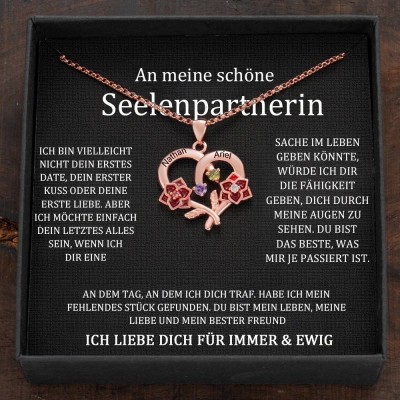 Personalisierte Blumenherz-Namenskette mit Geburtssteinen als Geschenk für Paare