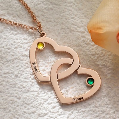 Personalisierte Interlocking Hearts Halskette mit eingraviertem Namen und Birthstone Geschenk für Mama Oma