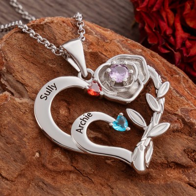 Personalisierte Rose Herz Halskette mit Namen und Geburtsstein für Muttertag Geschenk