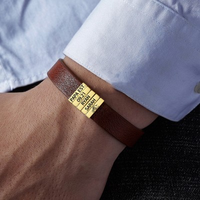 Personalisierte Perlenarmband mit Lederband und Namen für PAPA Vatertag Geschenke