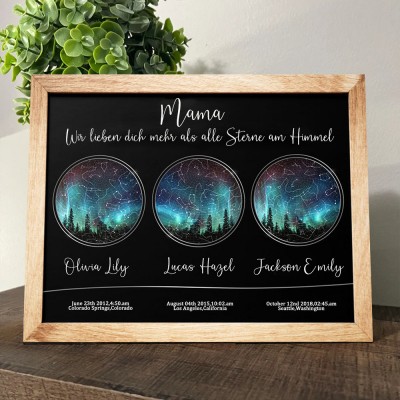 Personalisierte Sternkarte von Datum Nachthimmel Konstellation Holz Zeichen für Mama Muttertag Geschenk