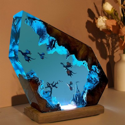 Feuerdrache und Eisdrache Kunstharz Holz Lampe Art Decor