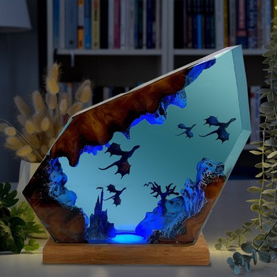 Feuerdrache und Eisdrache Kunstharz Holz Lampe Art Decor