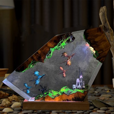 Feuerdrache und Eisdrache Kunstharz Holz Lampe Art Decor