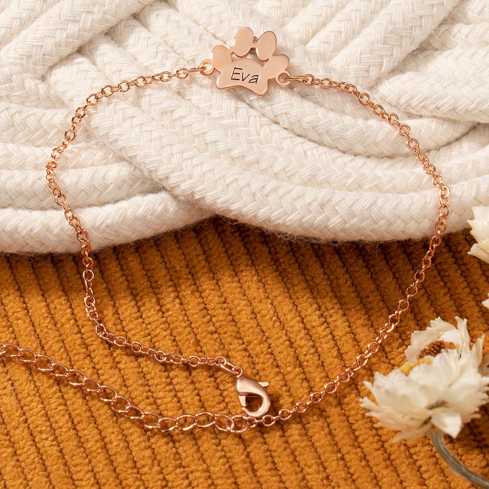 Bracelet personnalisé gravé à empreinte de patte avec nom d’animal de compagnie pour les cadeaux d’anniversaire des amoureux des animaux de compagnie