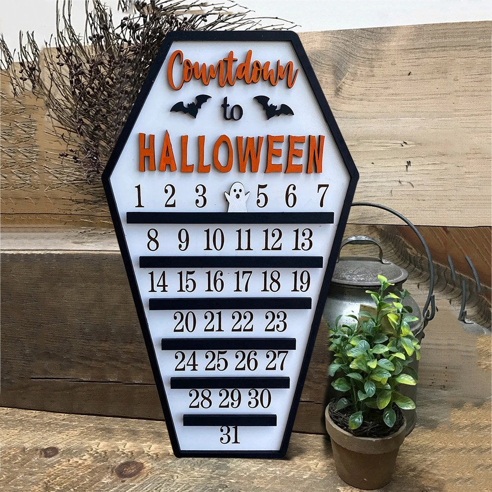 Panneau en bois avec calendrier du compte à rebours pour Halloween et fantôme mobile