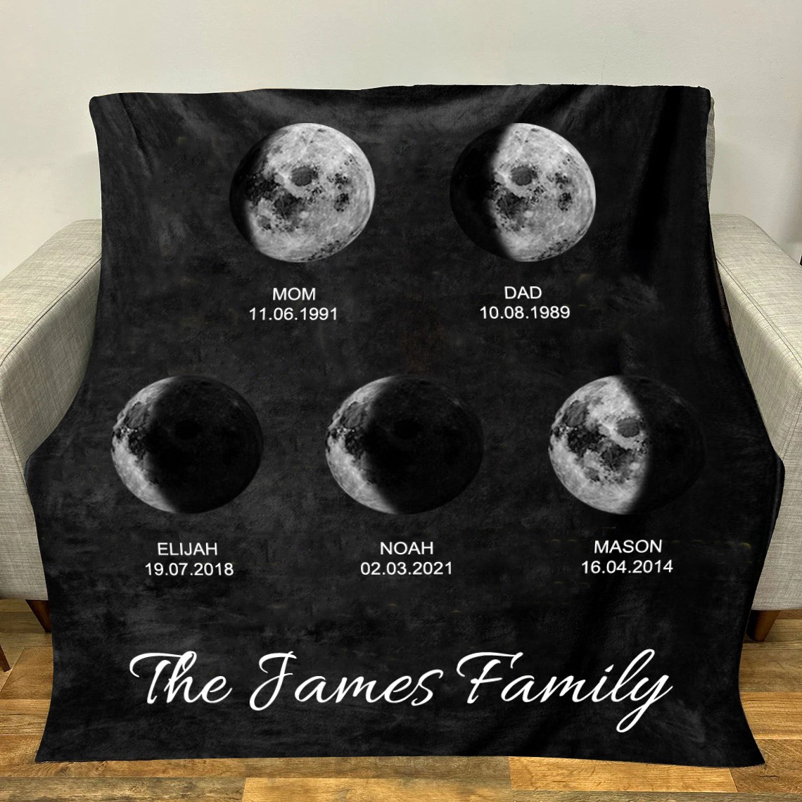 Couverture personnalisée de phase de lune familiale pour cadeau de Noël