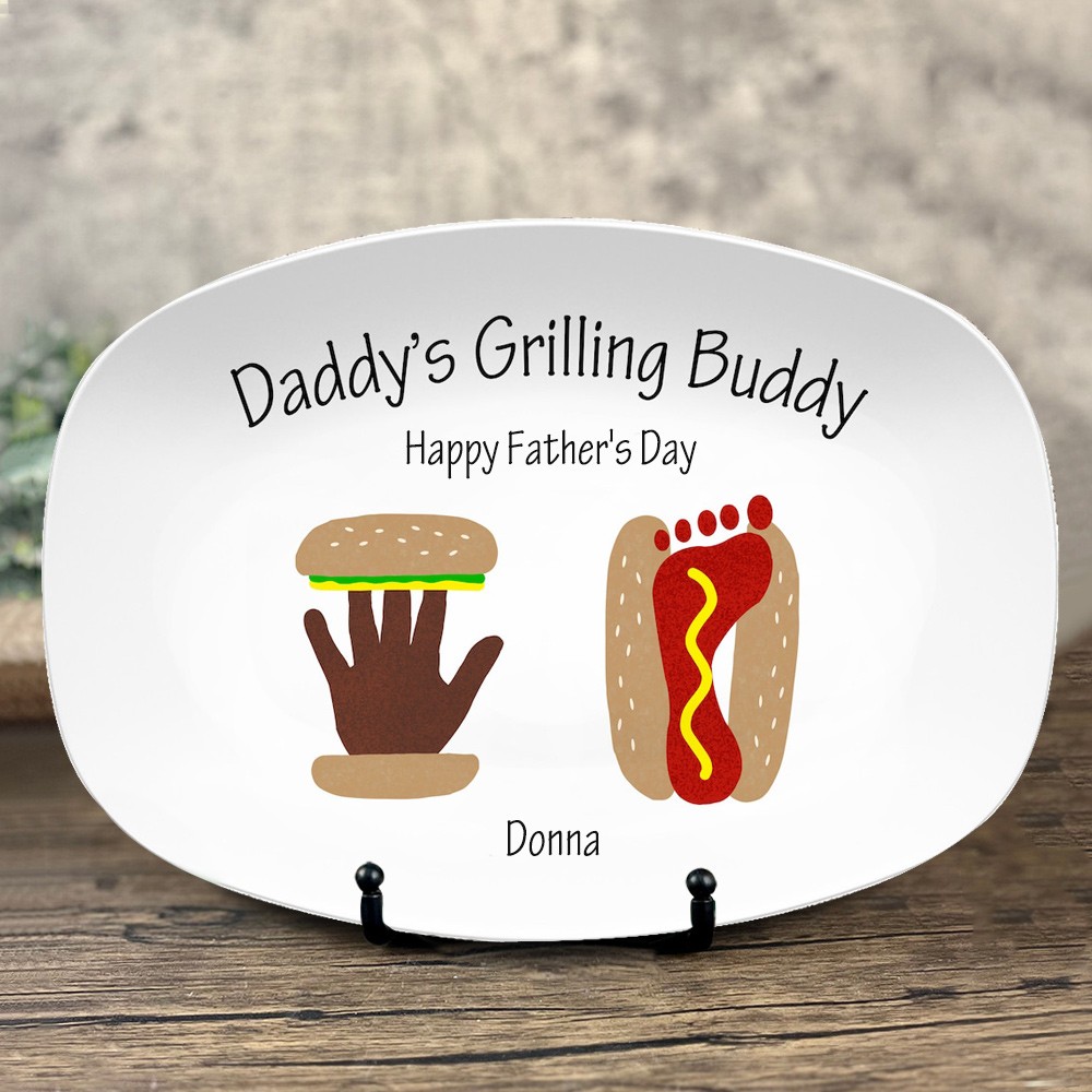 Assiette d'empreinte de main de hot-dog de hamburger personnalisée avec nom pour la fête des pères