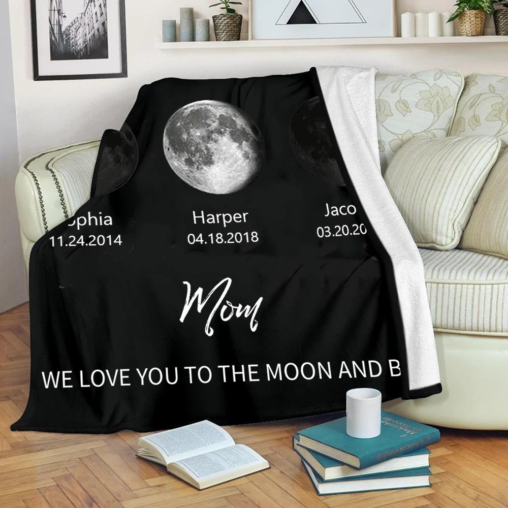 Couverture personnalisée maman phase de lune pour le cadeau de fête des mères Nous t’aimons à la lune et retour