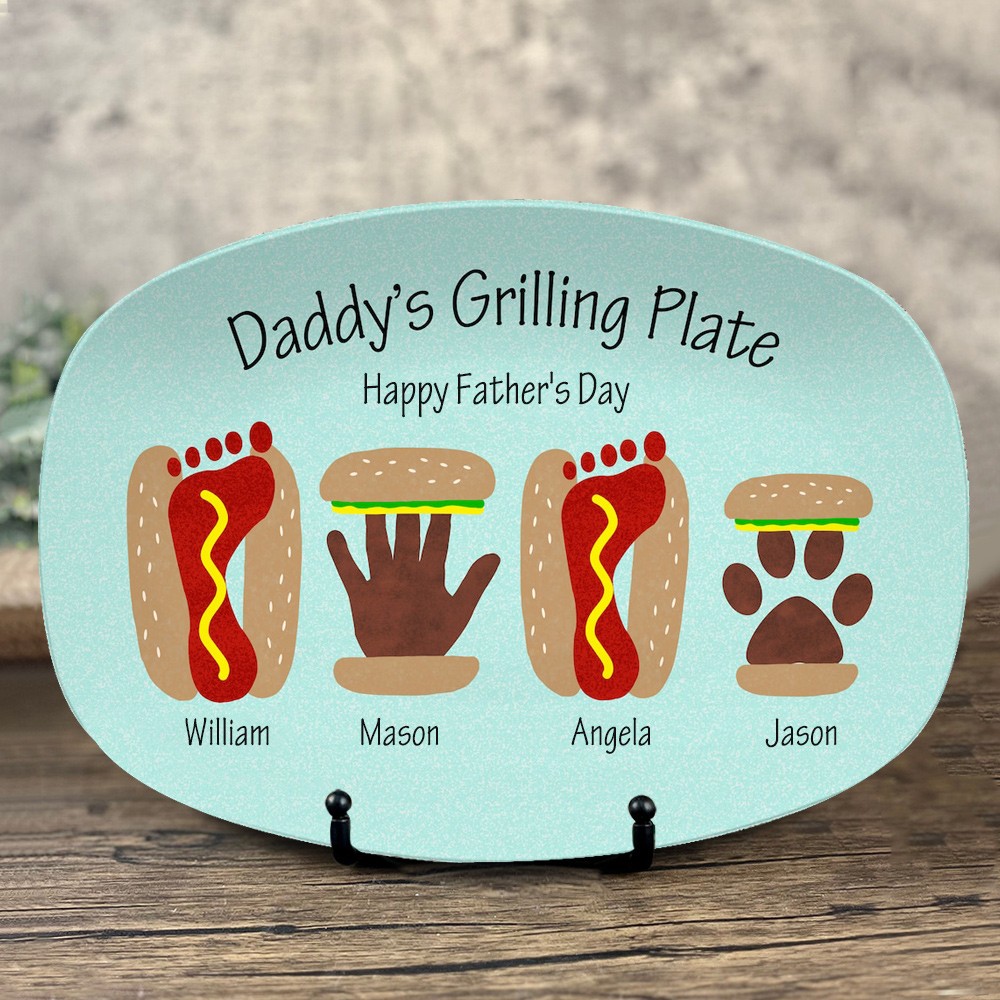 Assiette d'empreinte de main de hot-dog de hamburger personnalisée avec nom pour la fête des pères