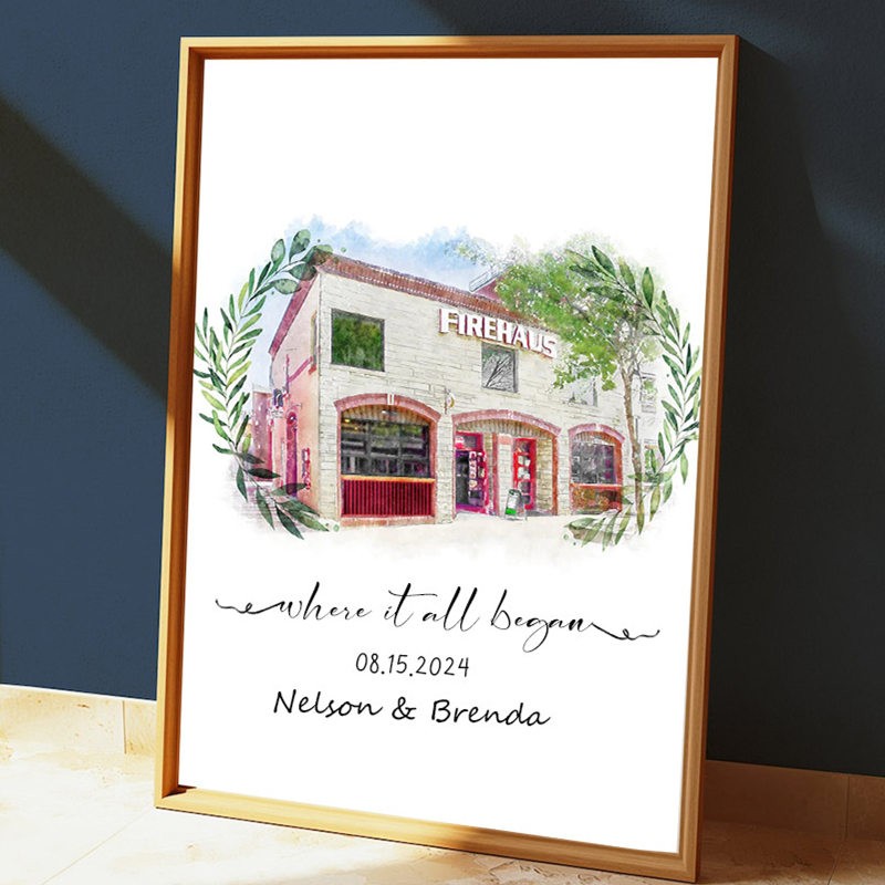 Là où tout a commencé Portrait personnalisé peint à la main à l'aquarelle à partir d'une photo pour la Saint-Valentin ou un anniversaire