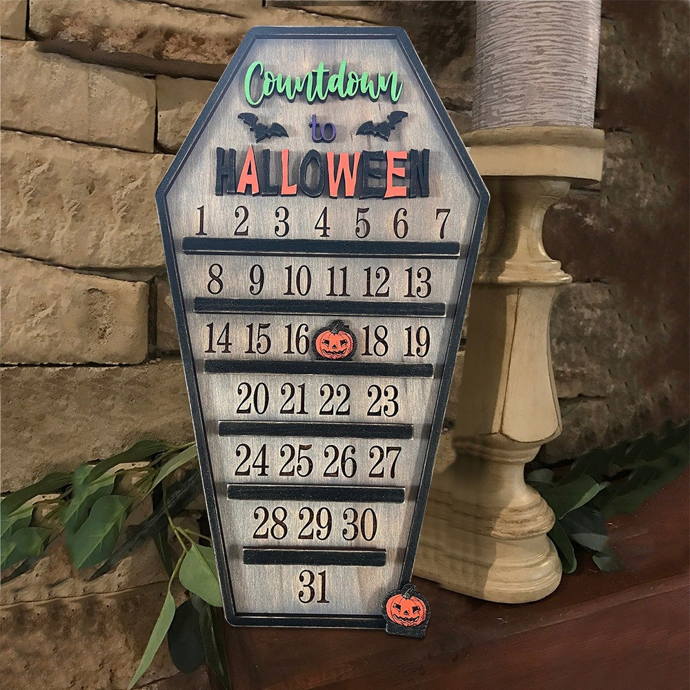 Panneau en bois avec calendrier du compte à rebours pour Halloween et citrouille mobile