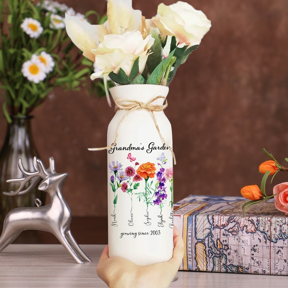 Vase de fleurs de naissance du jardin de grand-mère personnalisé avec des noms d’enfants pour le cadeau d’anniversaire de grand-mère maman