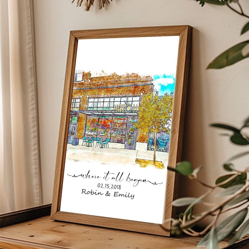 Là où tout a commencé Portrait personnalisé peint à la main à l'aquarelle à partir d'une photo pour la Saint-Valentin ou un anniversaire