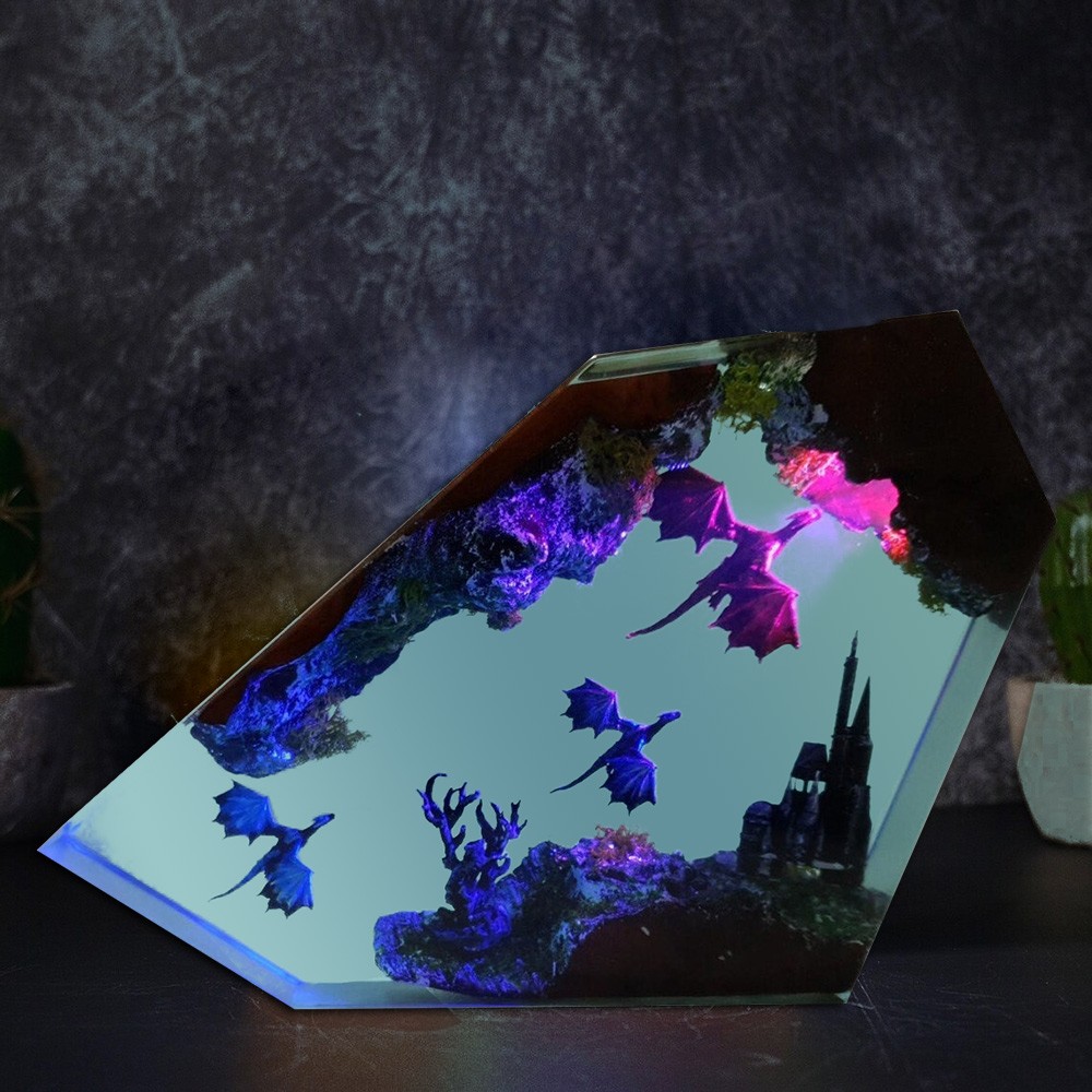 Feu Dragon Résine Bois Lampe Art Décoration Pour Les Amoureux du Dragon