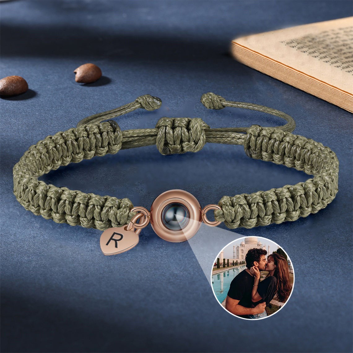Bracelet de projection photo commémoratif personnalisé en corde avec photo à l'intérieur pour couple
