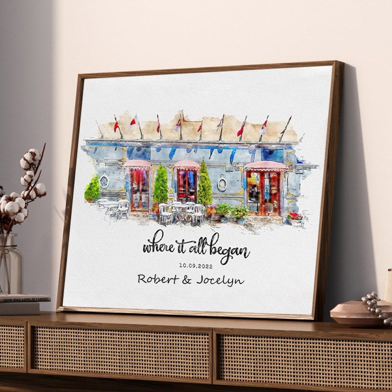 Où Tout a Commencé Portrait à la Main en Aquarelle de Maison Personnalisé d'après Photo Cadeau Saint-Valentin Anniversaire