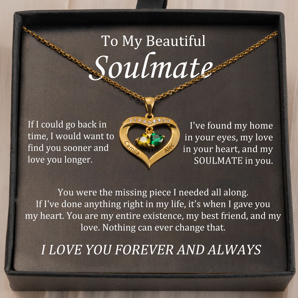 Collier personnalisé de nom de charme de cœur avec 2 pierres de naissance cadeaux pour l’âme sœur