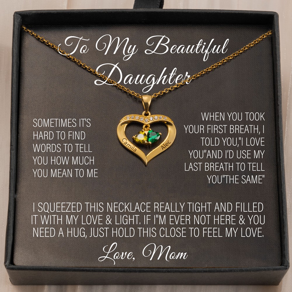 Collier coeur de couple personnalisé avec des pierres de naissance et des prénoms Cadeaux pour fille