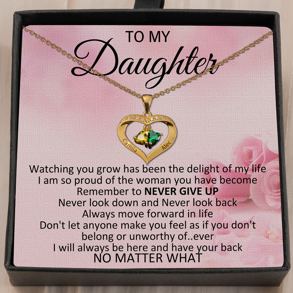 Collier coeur personnalisé avec 2 pierres de naissance et prénoms cadeaux pour belle fille