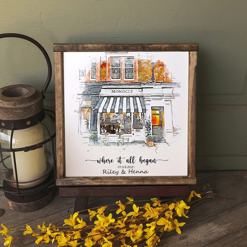 Portrait à la Main en Aquarelle de Maison Personnalisé d'après Photo Où Tout a Commencé Cadeau Saint-Valentin Anniversaire