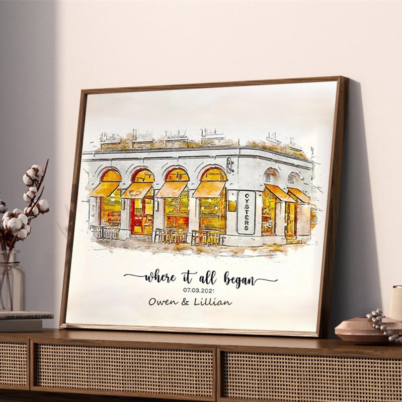 Portrait à la Main en Aquarelle de Maison Personnalisé d'après Photo Où Tout a Commencé Cadeau Saint-Valentin Anniversaire